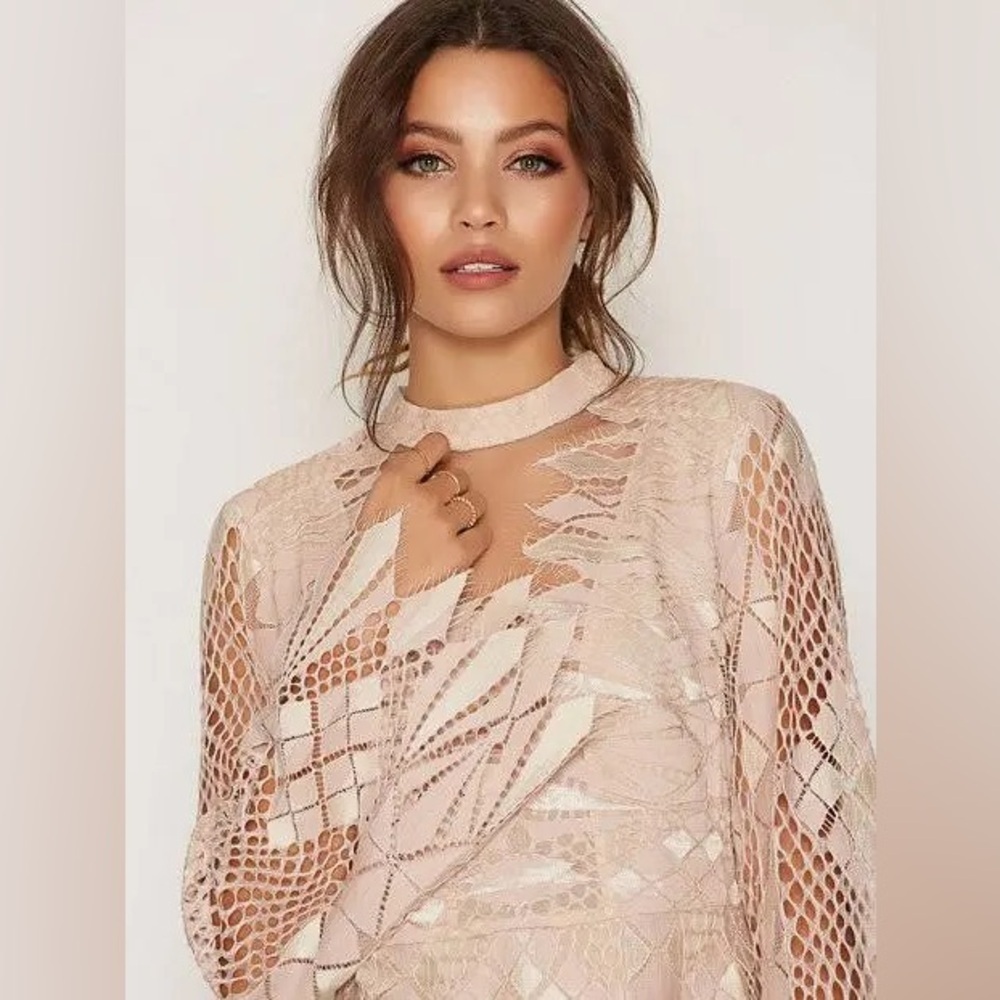 Free People Deco Lace Ivoy Combo Long Bell Sleeve Mesh Inserts Mini Dress NWT 4 - Picture 3 of 11